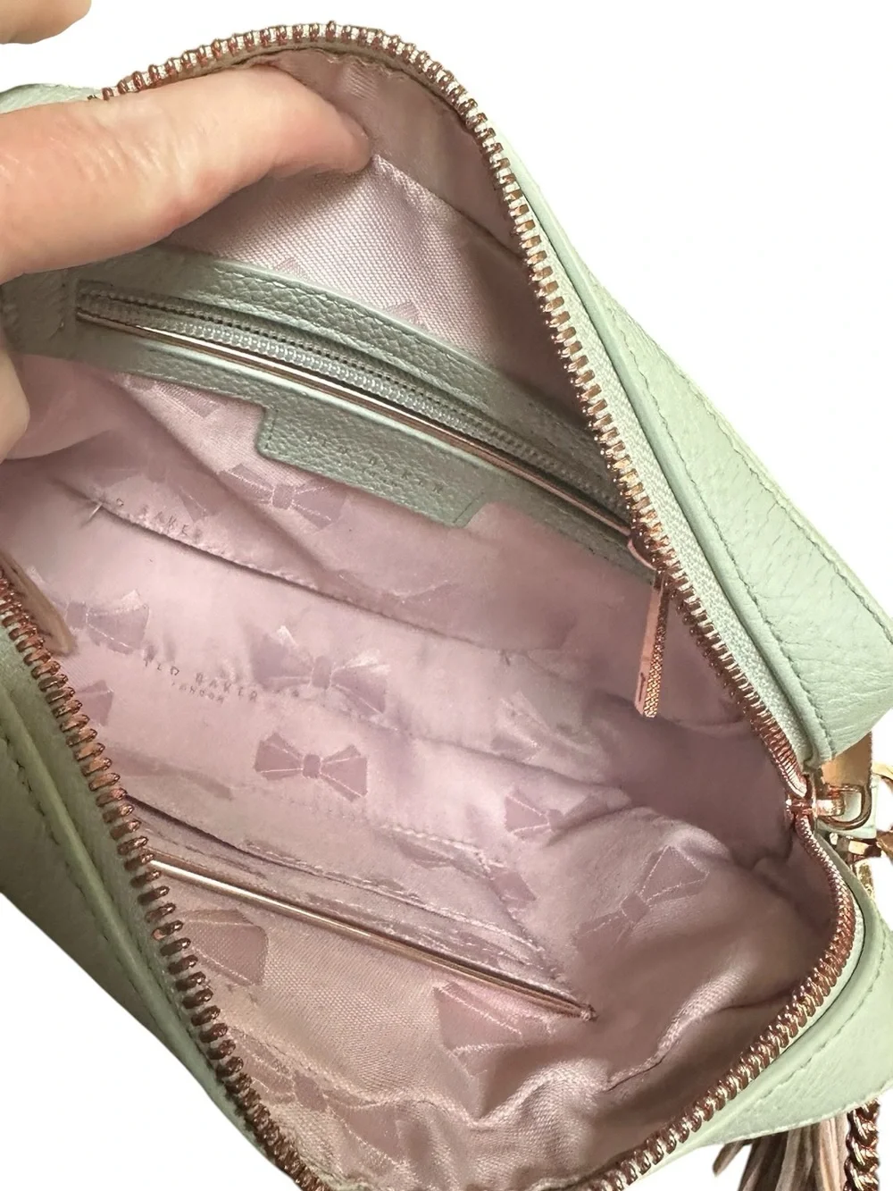 Ted Baker Mint Green Leather Camera Crossbody Rose Gold Tassel Bag